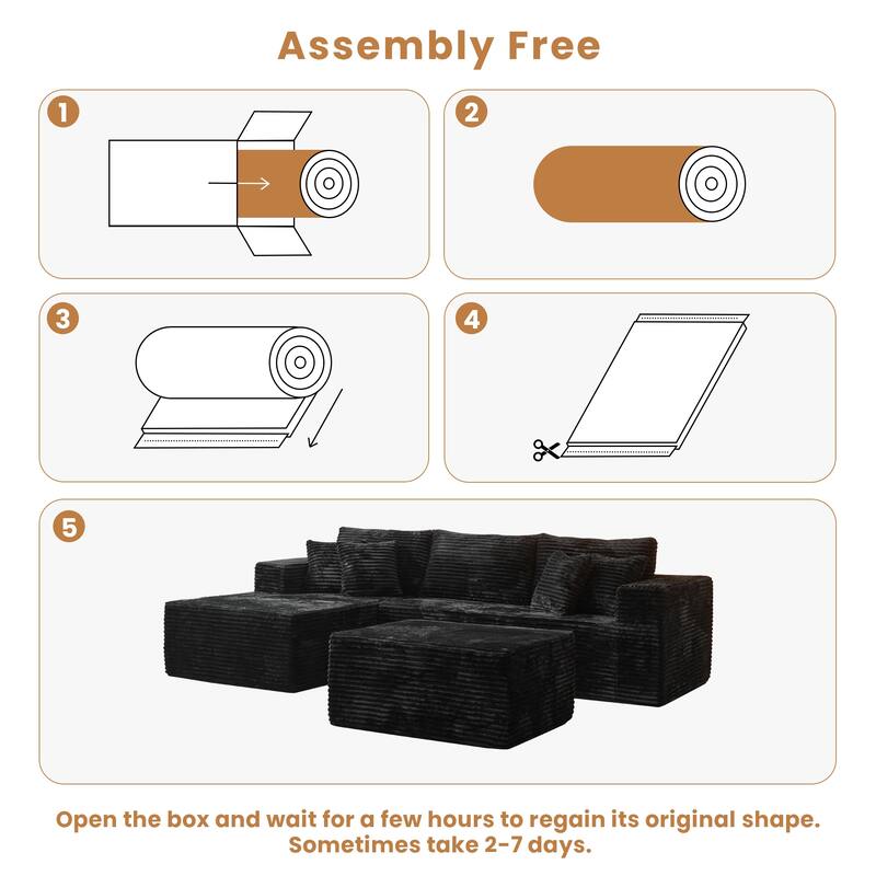 HOOOWOOO Modern Plush Corduroy L-shaped Sofa Chaise Lounge with Ottoman