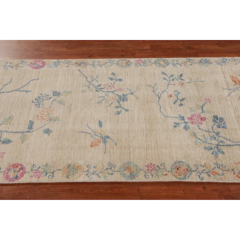 Hand Knotted Oriental 100% Wool Carpet Traditional Floral Beige & Ivories Art Deco Runner Rug - 10' 3'' X 3' 0''