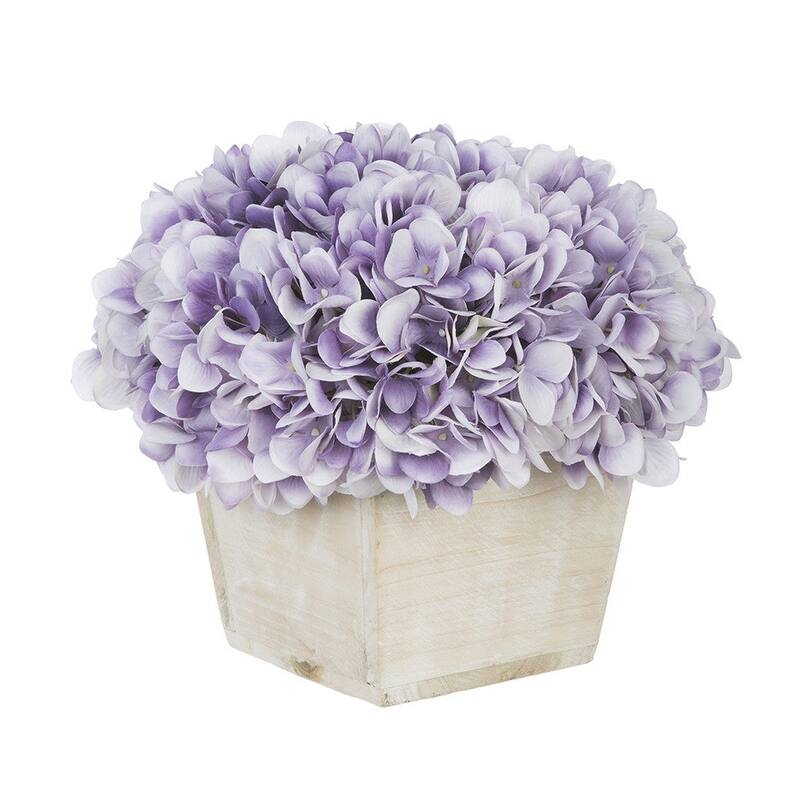 Faux Hydrangea in White Washed Wood Cube Planter - Lavender