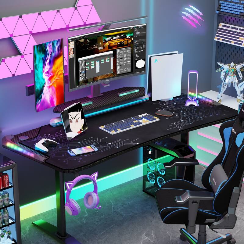71" Gaming Table Office Computer Desk Gamer Workstation with Monitor Shelf LED Light Mouse Pad
