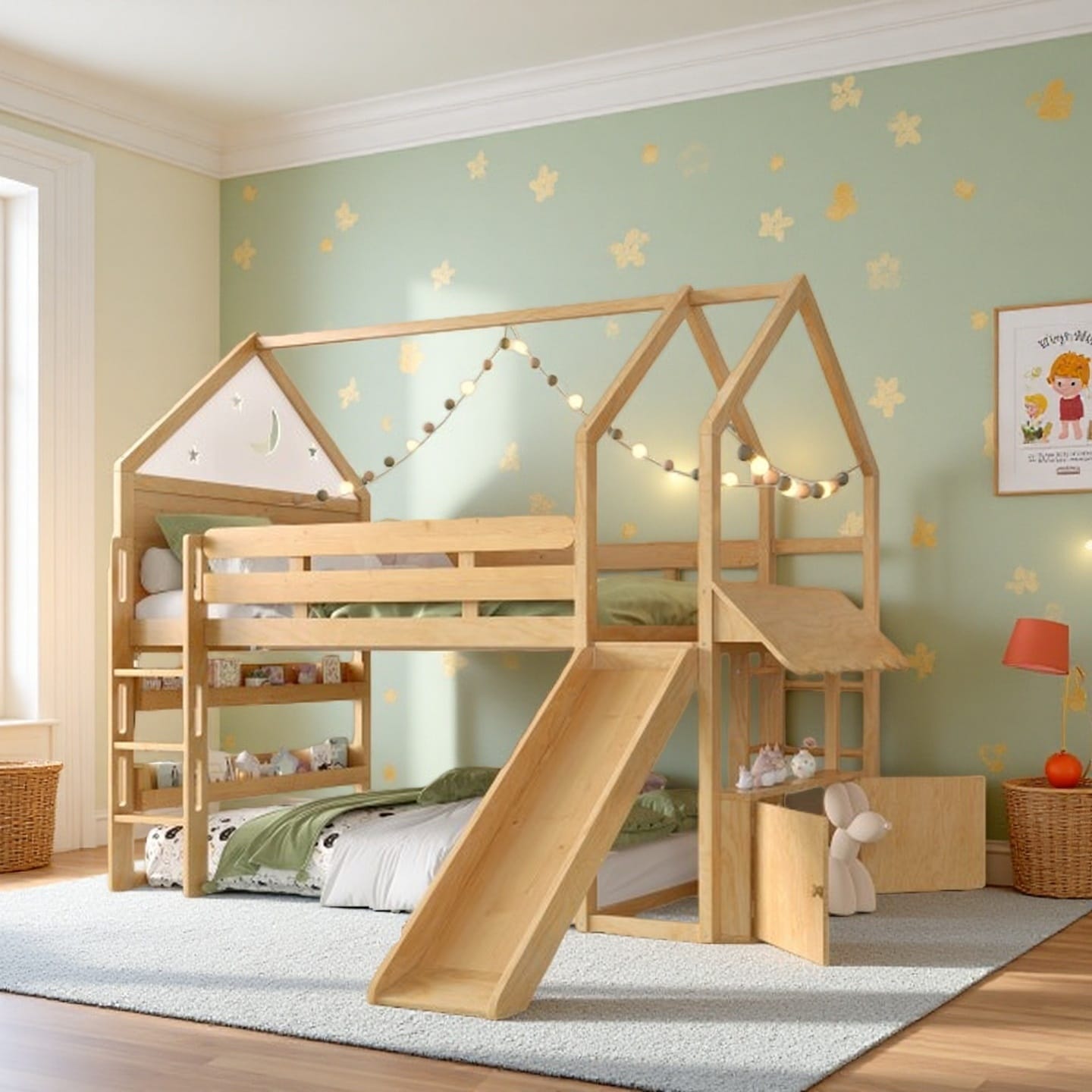 Twin Loft Bed for Kids with Star & Moon Cottage Design, Built-in Bookshelves, Slide and Adjustable Ladders