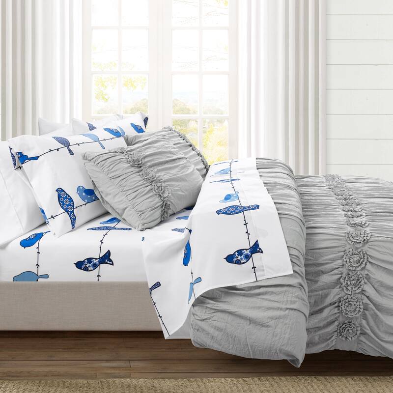 Lush Decor Rowley Birds Soft 6 Piece Sheet Set - Blue - King