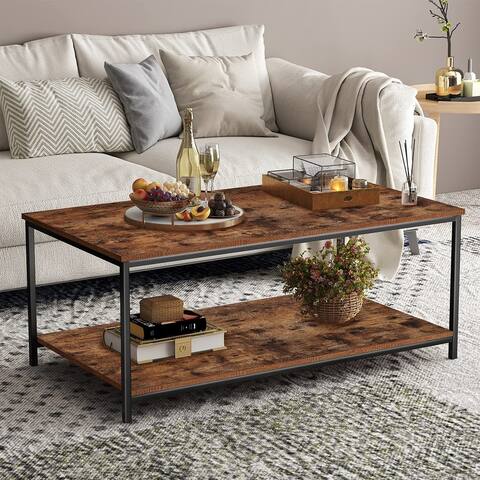 Vintage Wood Industrial Coffee Table with Storage Shelf Cocktail Table