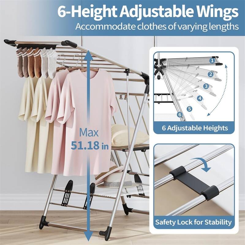 Clothes Drying Rack with High Hanger - 21.85"D x 59"W x 75.59"H