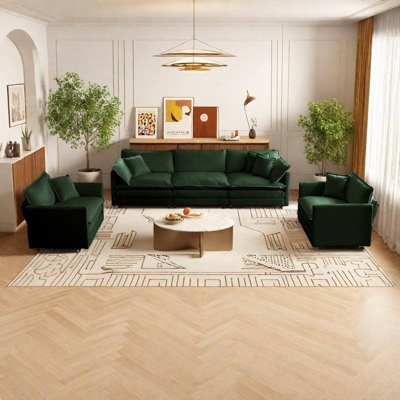 5-Seat Chenille Living Room Sofa Set (3-Seater + 2 Accent Chairs) with Round Arms & Solid Wood Frame - Green