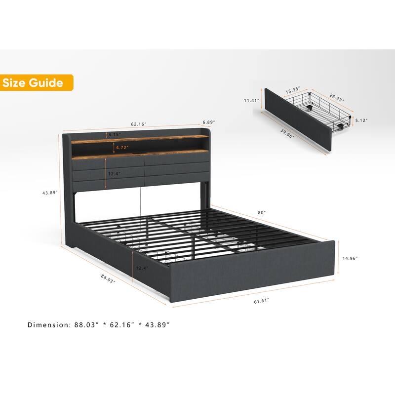 Full Size Upholstered Platform Bed Frame w/ 4 Storage Drawers， Headboard, LED Light & Charging Station for Bedroom Apartment