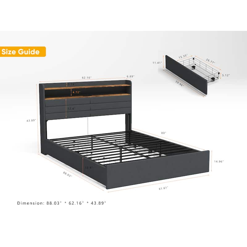 Platform Storage Bed Frame with 4 Underbed Drawers/Headboard with 2 Shelves/LED Light/Charging Station/Noise Free - Black Gray