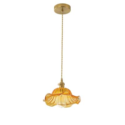Modern 1Light Pendant with Amber Glass Shade and Brass Finish