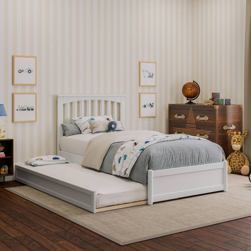 Everett Platform Bed with Panel Footboard and Twin Trundle - White - Twin