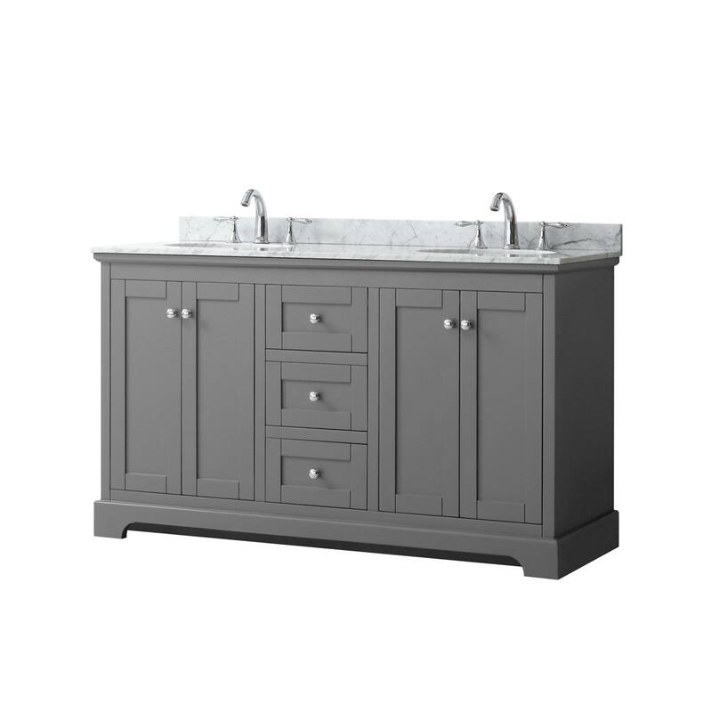 Wyndham Collection Avery 60" Free Standing Double Basin Vanity Set - Dark Gray / White Carrara Marble Top / Polished - Steel Finish