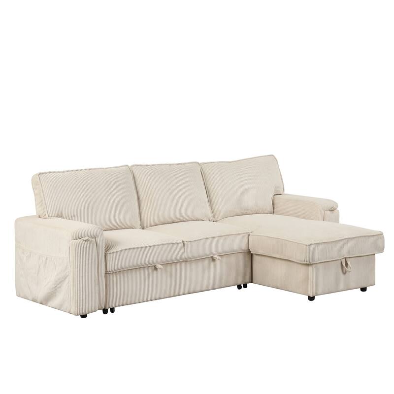 Upholstery Sleeper Sectional Sofa with Storage Bags & 2 Hidden Cup Holders