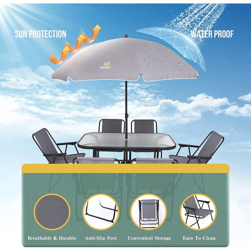 8-Piece Patio Dining Set, Garden Outdoor Table Set with Tilted Removable Umbrella, Glass Table, and 6 Folding Chairs