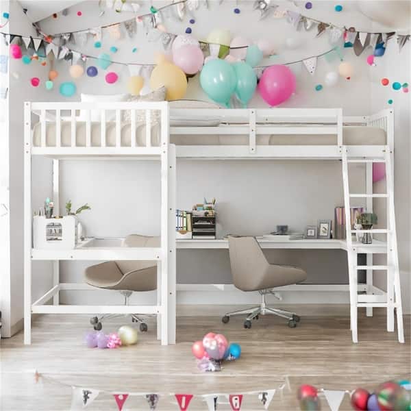 slide 2 of 12, Twin L-Shaped Loft Bed with Desks White