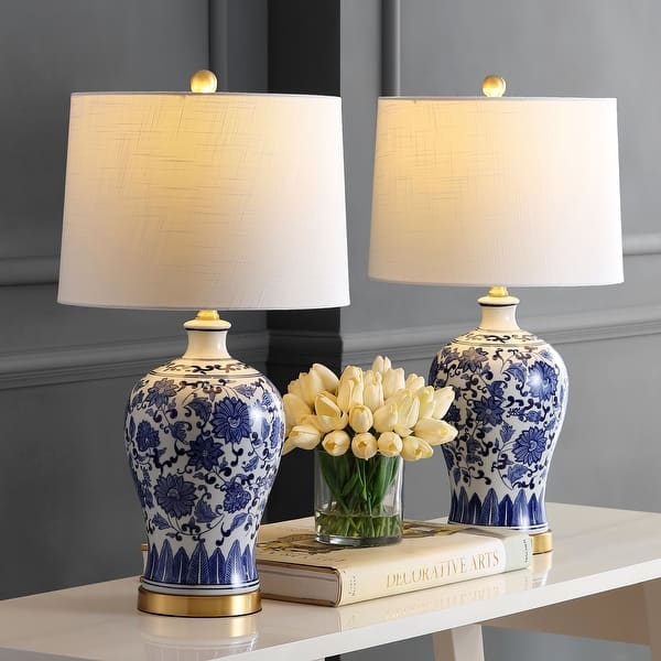 slide 2 of 13, Allen 25.75" Ceramic/Metal LED Table Lamp, Blue/White (Set of 2) by JONATHAN Y