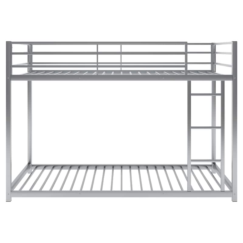 Modern Full Size Low Bunk Bed, Sturdy Metal Frame with Ladder - Silver