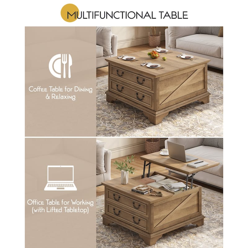 Moasis Farmhouse 31" Lift Top Square Coffee Table with 2 Drawers and Hidden Storage