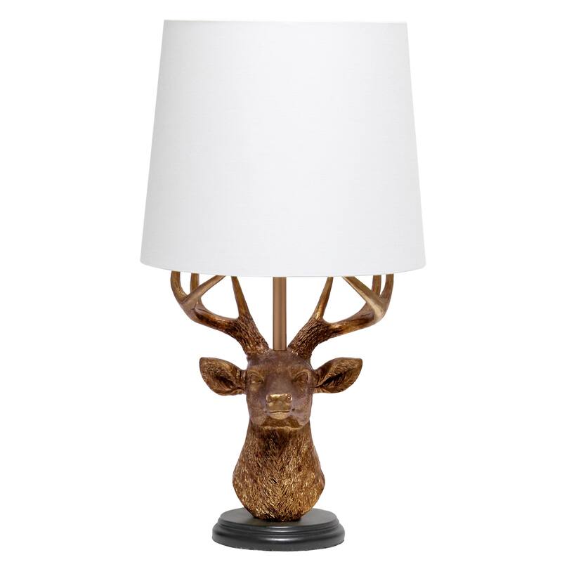 Copper Deer Head Table Lamp Rustic Style White Fabric Shade Accessible Switch - 9.50” x 9.50” x 17.25” - Copper