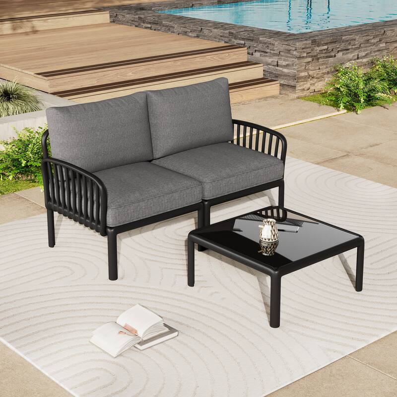 3 Piece Outdoor Conversation Set All Weather Loveseat Patio Sofa Set with Square Coffee Table and Removable Cushion