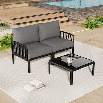 Roomfitters 3-Piece Outdoor Sectional Patio Conversation Set with Coffee Table and Cushions for Porch