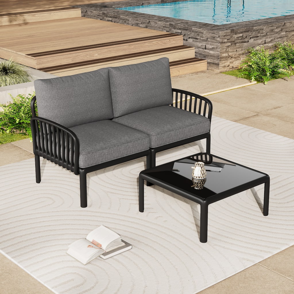 Roomfitters 3-Piece Outdoor Sectional Patio Conversation Set with Coffee Table and Cushions for Porch