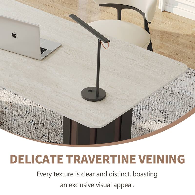 63" Modern Rectangular Writing Desk, Travertine Sintered Stone Top, Stainless Steel Double Base