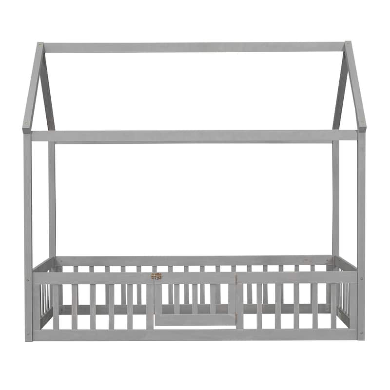 Gray Pine Wood House Bed with Fence, Door, and Solid Construction