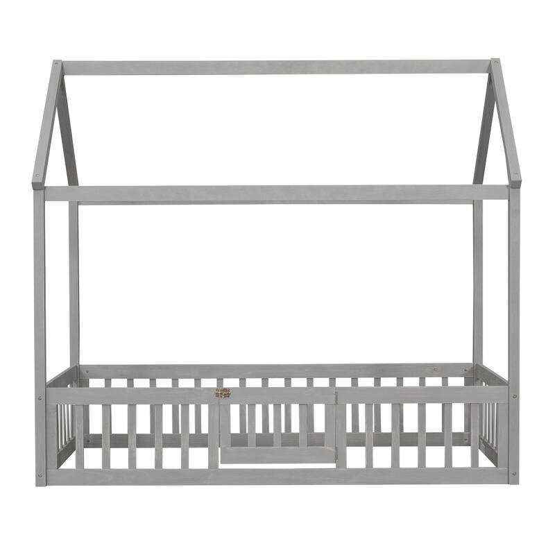 Pine Wood House Bed with Fence, Door, and Solid Construction
