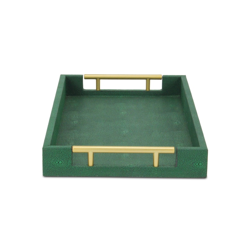 HomeRoots 16" Green Wood Wood Faux Shagreen Serving Tray With Handles