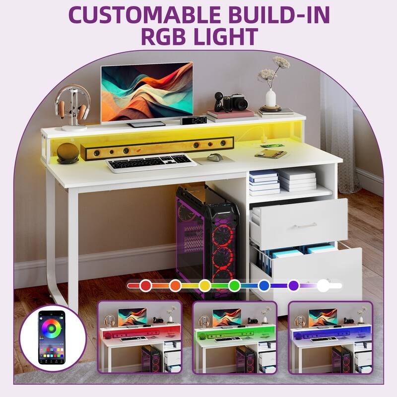 Moasis Home Office LED Light Computer Desk with Cabinet and Power Outlets