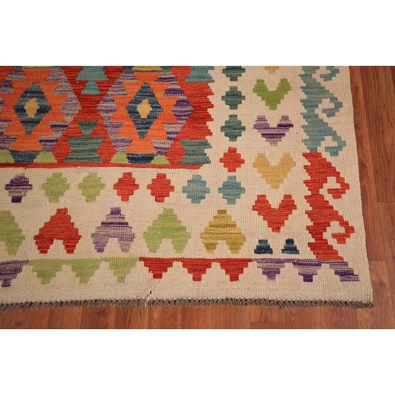 Reversible Kilim Area Rug Hand-Woven Oriental Orange Wool Carpet - 8'4" x 9'9"