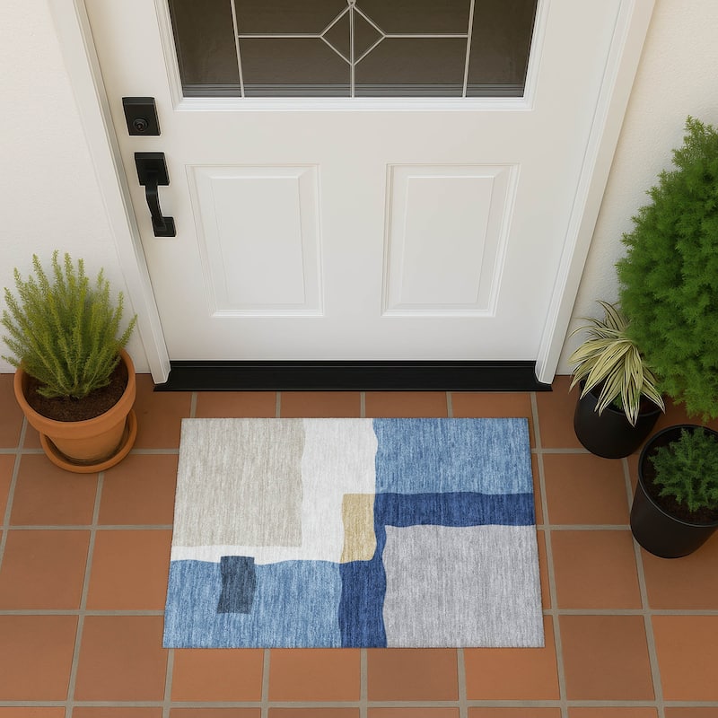Machine Washable Indoor/ Outdoor Contemporary Blox Chantille Rug - Blue - 1'8" x 2'6"