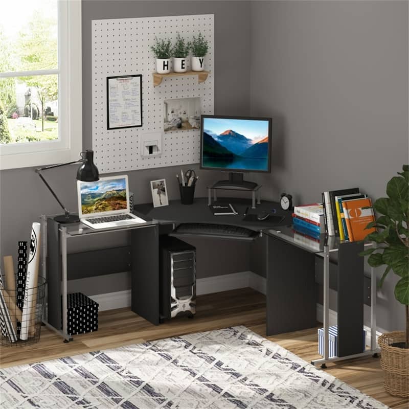 Modern Black MDF L-Shaped Home Office Desk with Tempered Glass Top and Rolling CPU Holder