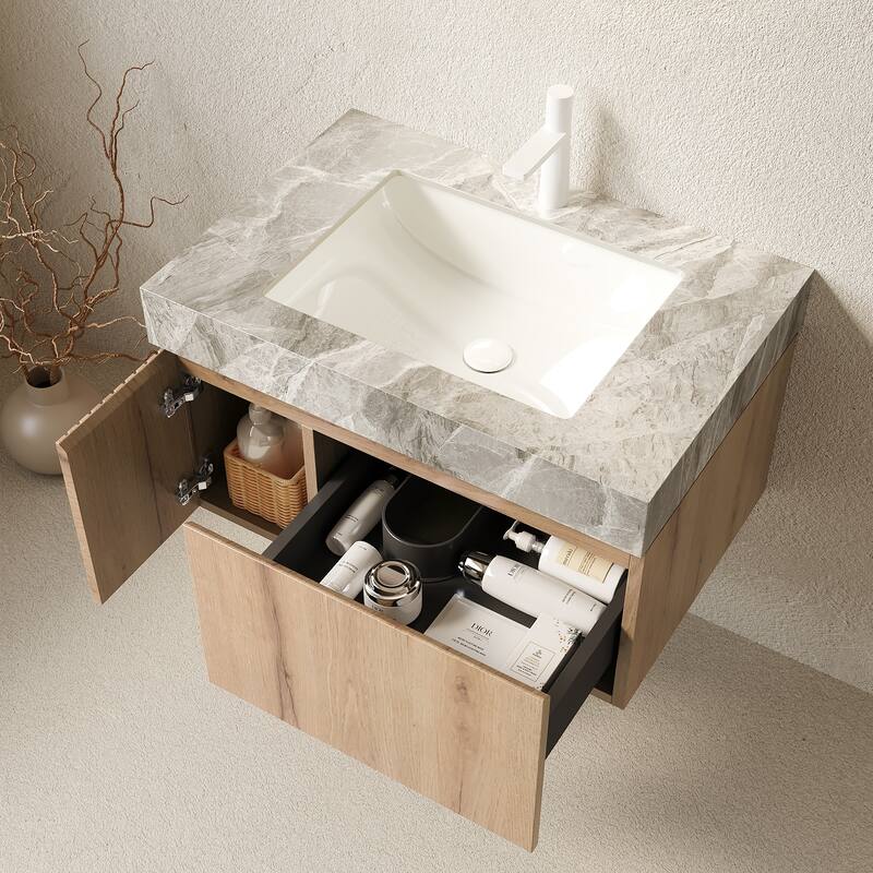 30"/36"/48" Wall-Mounted Bathroom Vanity with Ceramic Sink, Sintered Stone Countertop Floating Bathroom Storage Cabinet