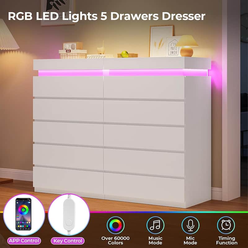 Bedroom Dresser Drawers with LED Light Power Outlet Chest of Drawer