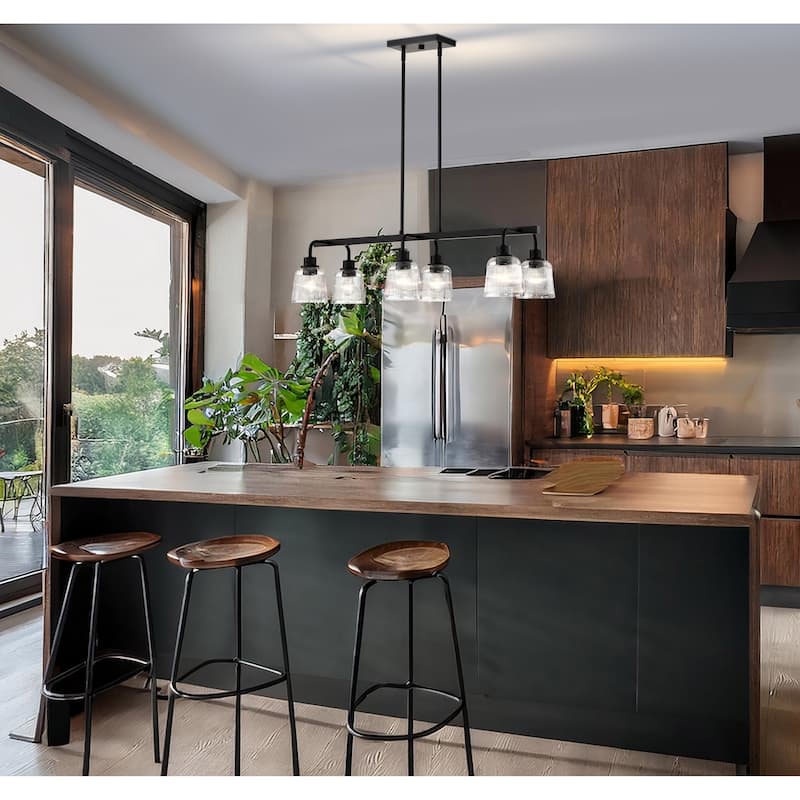 Grayson 6 Light Island Pendant Matte Black Finish Clear Ribbed Glass - Matte Black