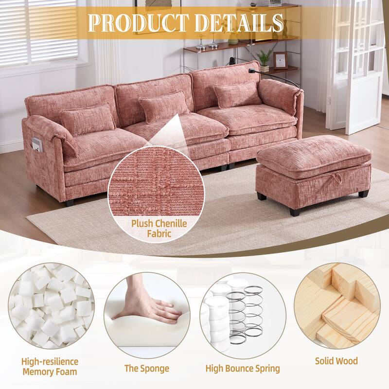 Modern Chenille Chaise Couch L-shaped Sectional Sofa with Storage Ottoman, Phone Holder, USB/Type-C Ports and Side Pockets