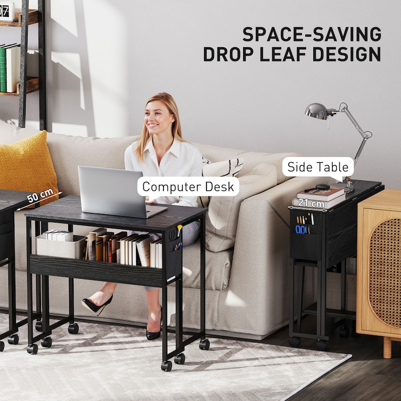Mobile Foldable Desk with Storage Shelf and Drop-Leaf Design for Narrow Spaces and Home or Office