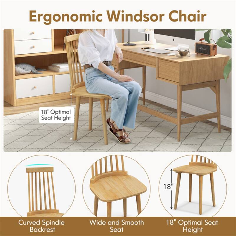 Set of 2 Wooden Dining Chairs with Windsor Backrest Design and Comfortable Seat Ideal for Kitchen Room