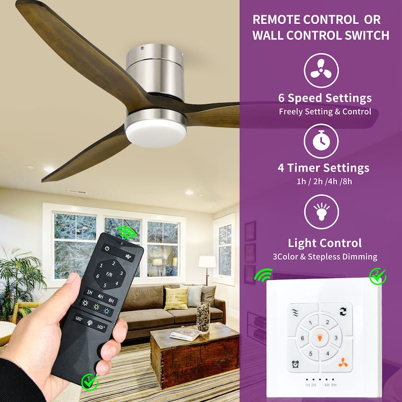 52 Inch Low Profile Ceiling Fan with Lights Remote and Wall Control