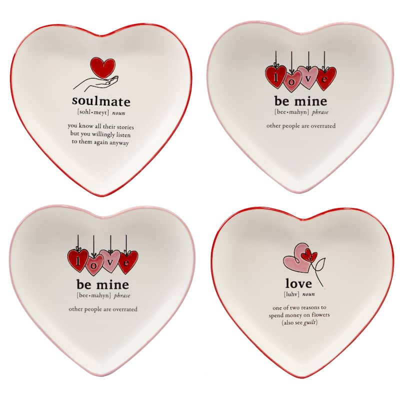 Certified International Valentine's Day Heart Shaped Tid Bit Plates, Set of 4 - 6.75" x 6.5" x 0.75"