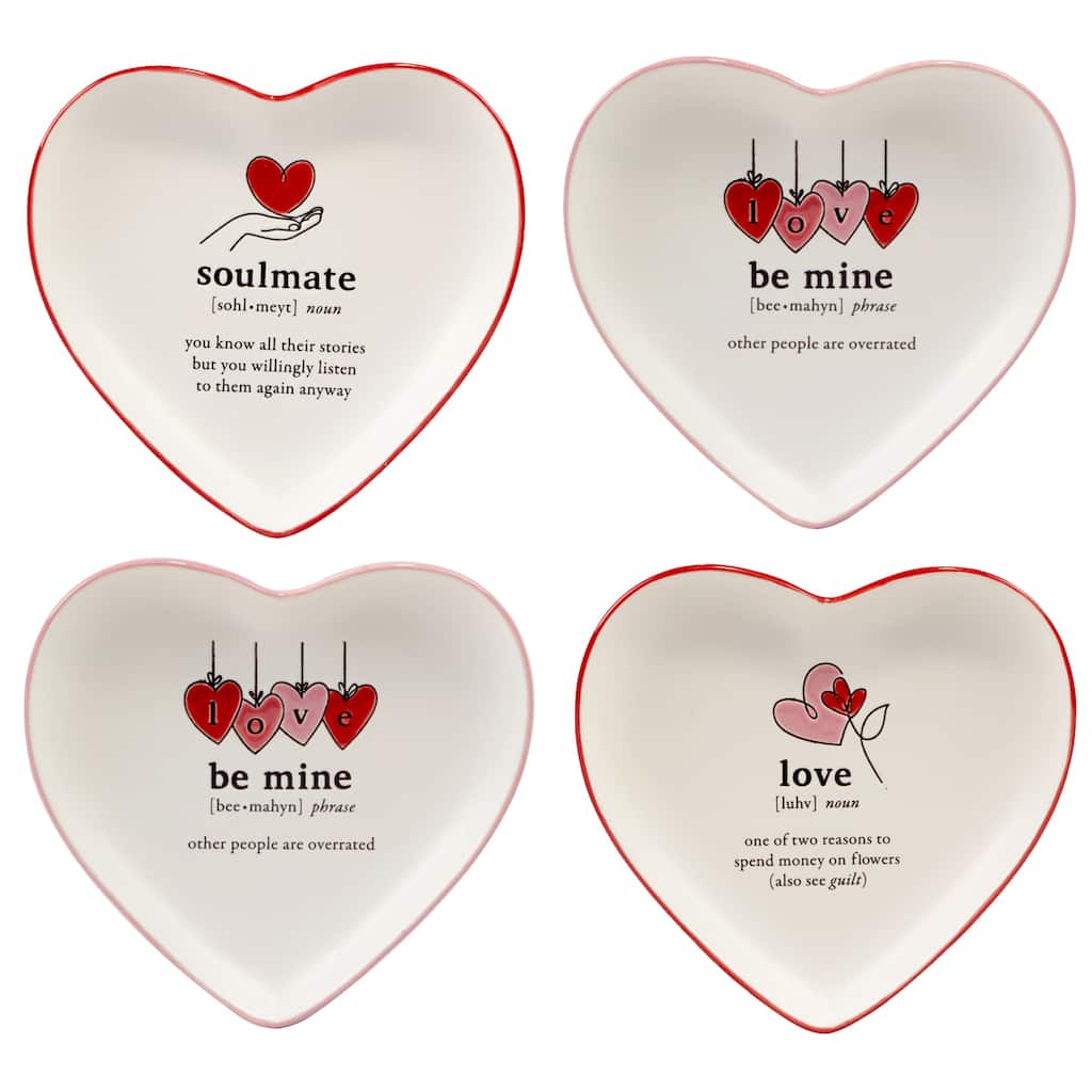 Certified International Valentine's Day Heart Shaped Tid Bit Plates, Set of 4 - 6.75" x 6.5" x 0.75"