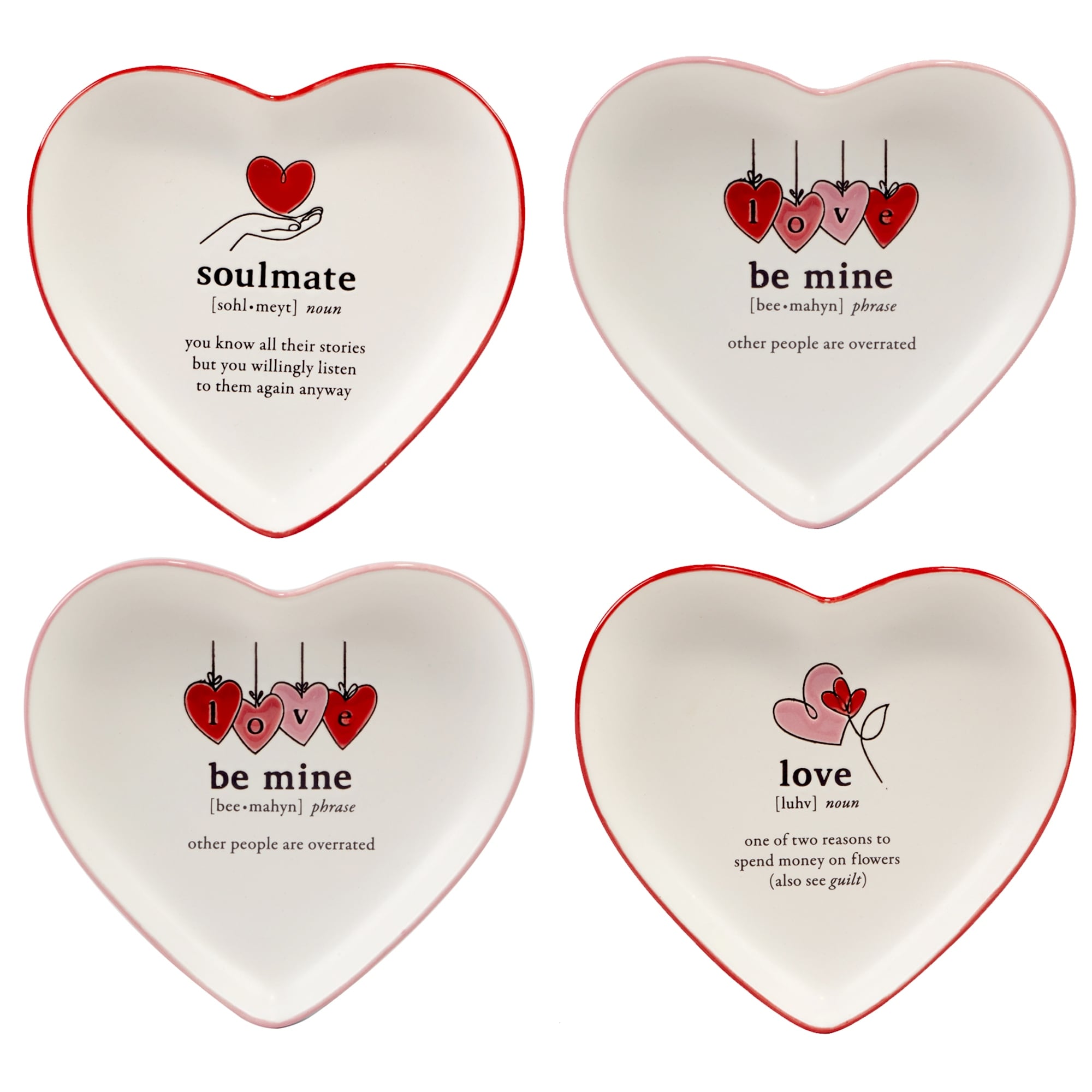 Certified International Valentine's Day Heart Shaped Tid Bit Plates, Set of 4 - 6.75" x 6.5" x 0.75"
