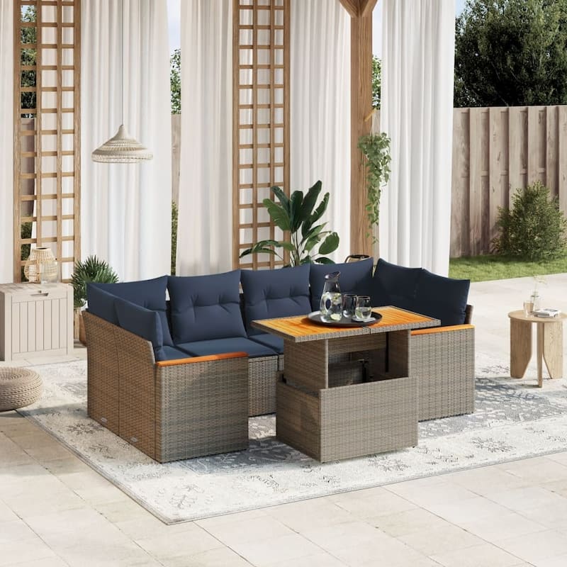 vidaXL Patio Sofa Set with Cushions Outdoor Furniture 7 Piece Poly Rattan - Grey - 24.4 x 24.4 x 27.2