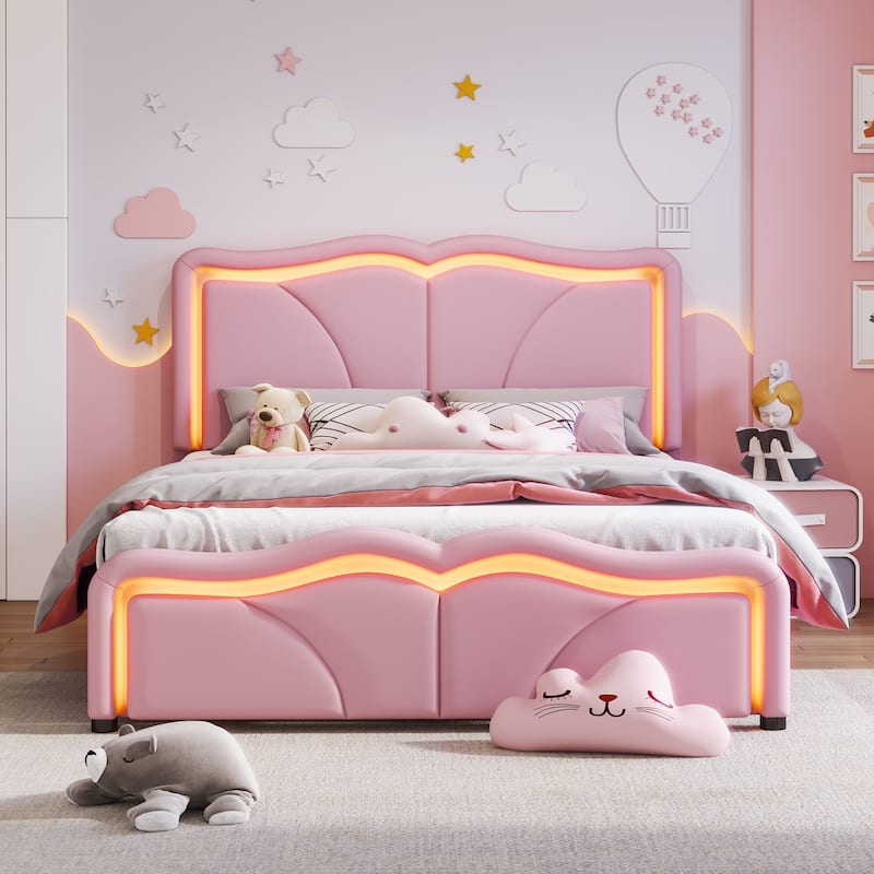 Full/Twin Size Upholstered Platform Bed with Curve Shaped and Height-adjustbale Headboard,LED Light Strips