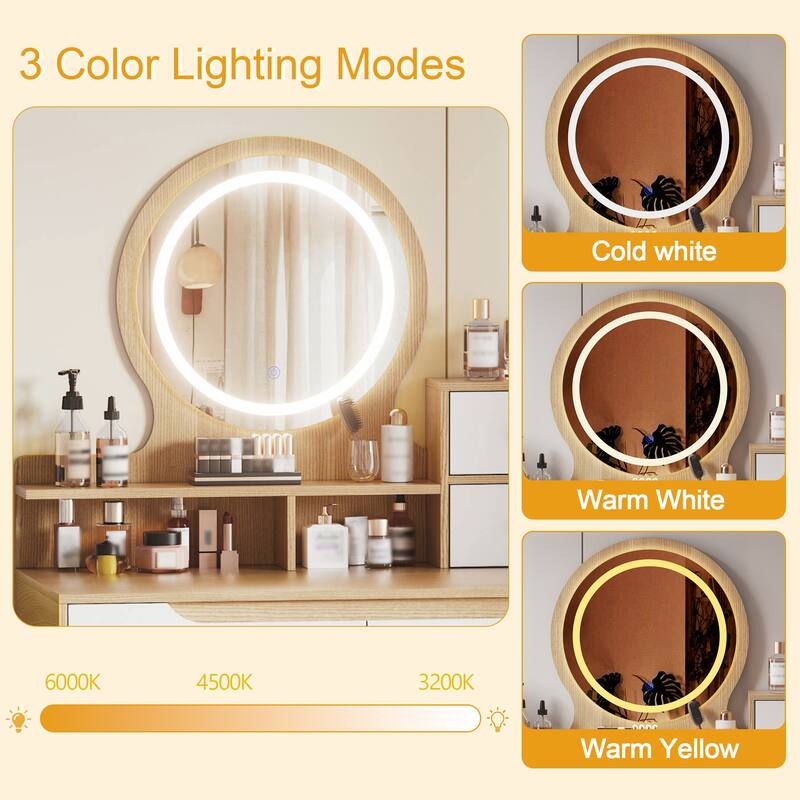 Makeup Vanity Desk with 3 Adjustable Lighted Mirror with Solid Wood,Dressing Table Set with 4 Drawers and 3 Open Shelves