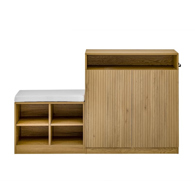 Livingroom Cabinet with Shoe Bench, 2 Doors and 3-Tier Adjustable Shelves, Entryway Bench with 4 Open Shoe Racks