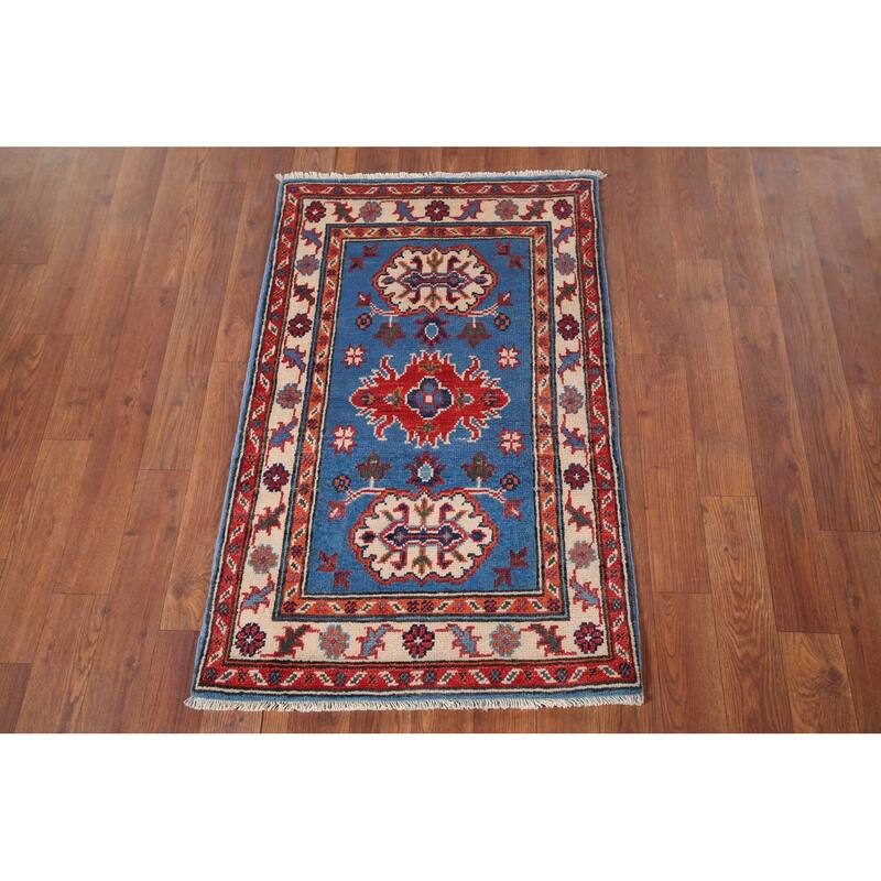 Geometric Blue Kazak Accent Rug Handmade Wool Carpet - 2'0" x 3'1"