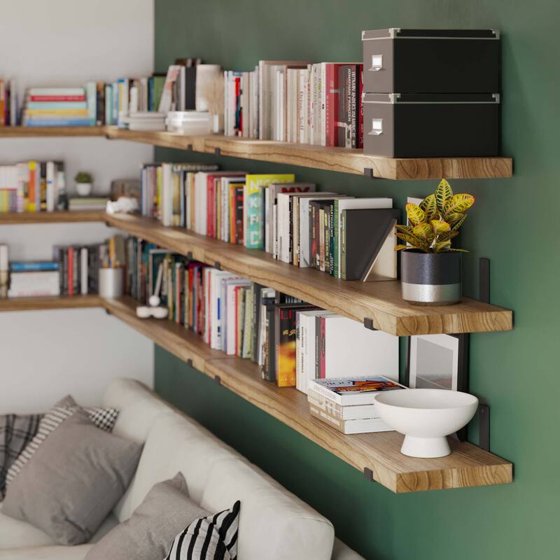 Wallniture Forte 60" or 72" Long, 11.25" Deep Floating Bookshelves, Farmhouse Shelves Living Room, 1.5" Thick, Wood, Burnt, 1 Pc
