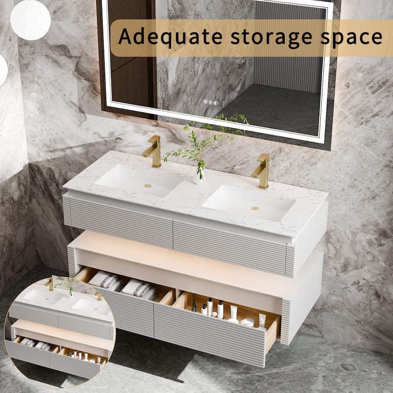 Modland 48" Modern Wall-Mounted Double Sink Bathroom Vanity with Engineered Stone Countertop,LED Light