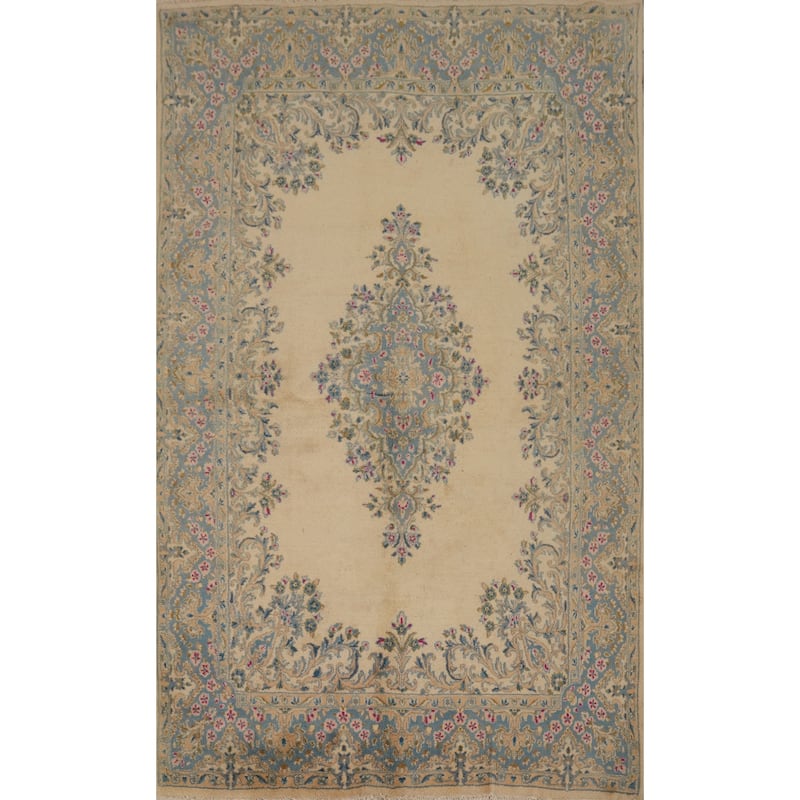 Hand Knotted Oriental 100% Wool Carpet Traditional Floral Beige & Ivories Kerman Area Rug - 8' 4'' X 5' 9''